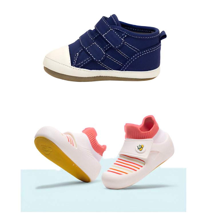 A collage of jbrds shoes, in blue and rainbow burst shades. 