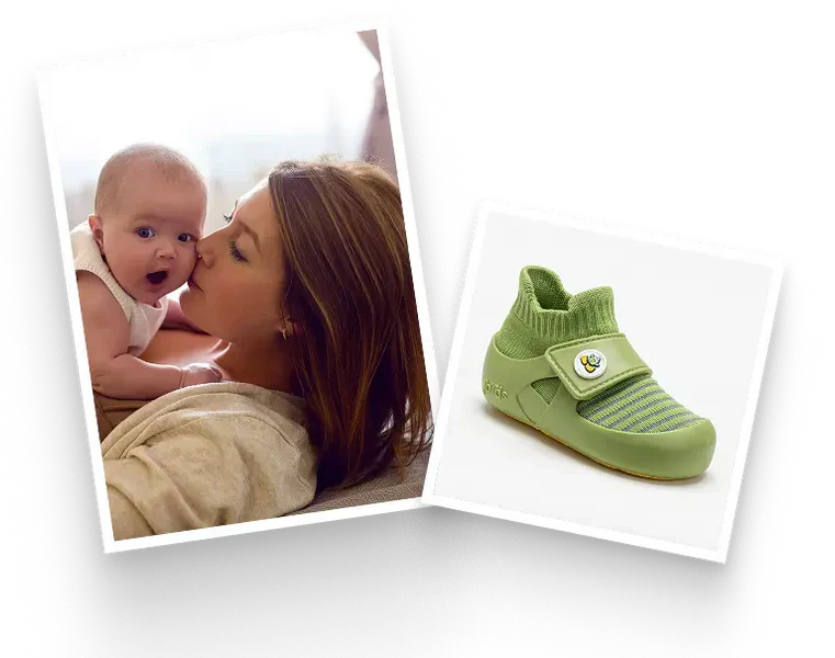 A collage of a woman holding a baby and a jbrds fern colored shoe against a white background.